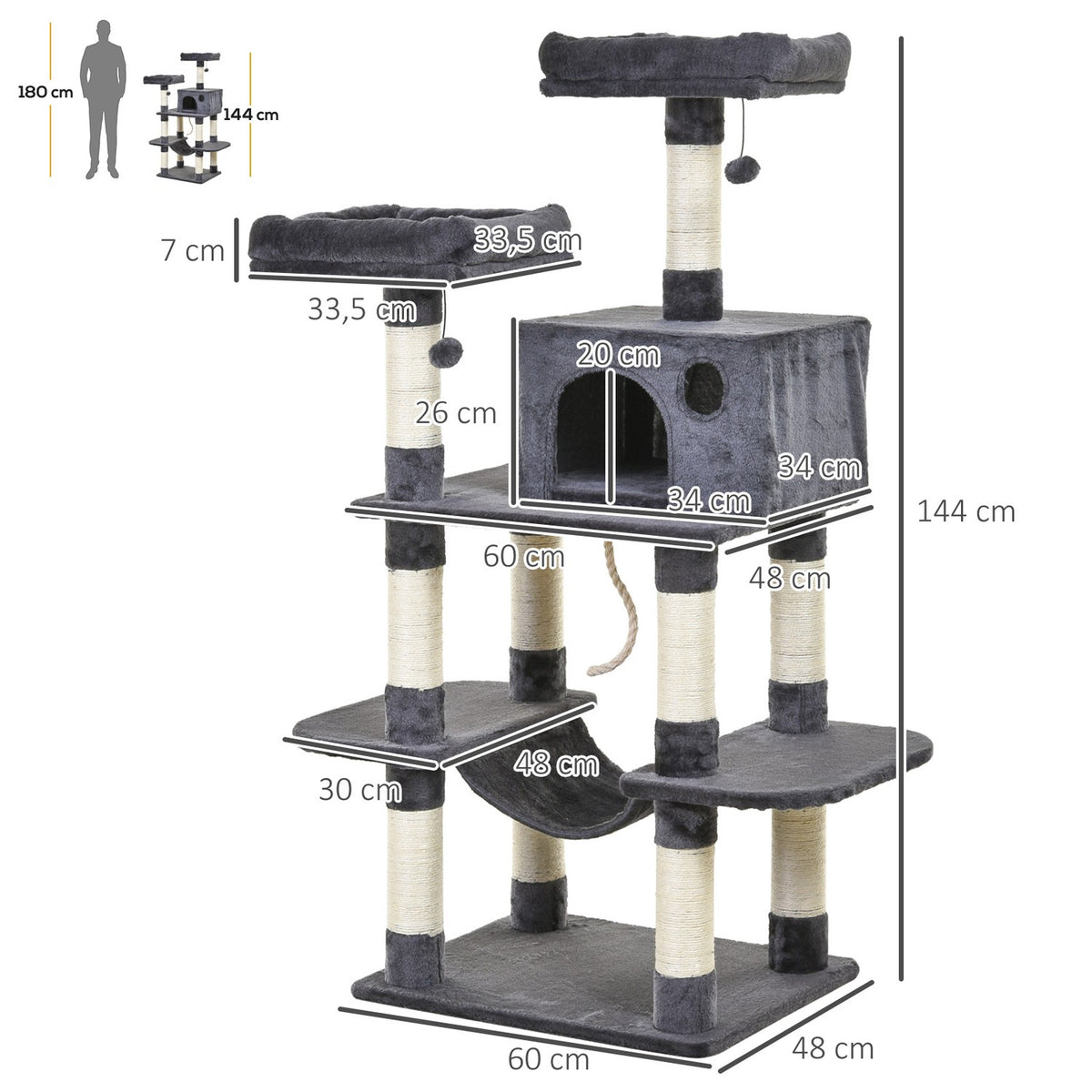 Luxury Cat Tree With Hammock, Climbing Tree, Cat House, Dark Gray, 60X48X144Cm