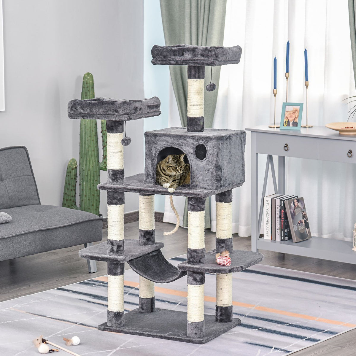 Luxury Cat Tree With Hammock, Climbing Tree, Cat House, Dark Gray, 60X48X144Cm