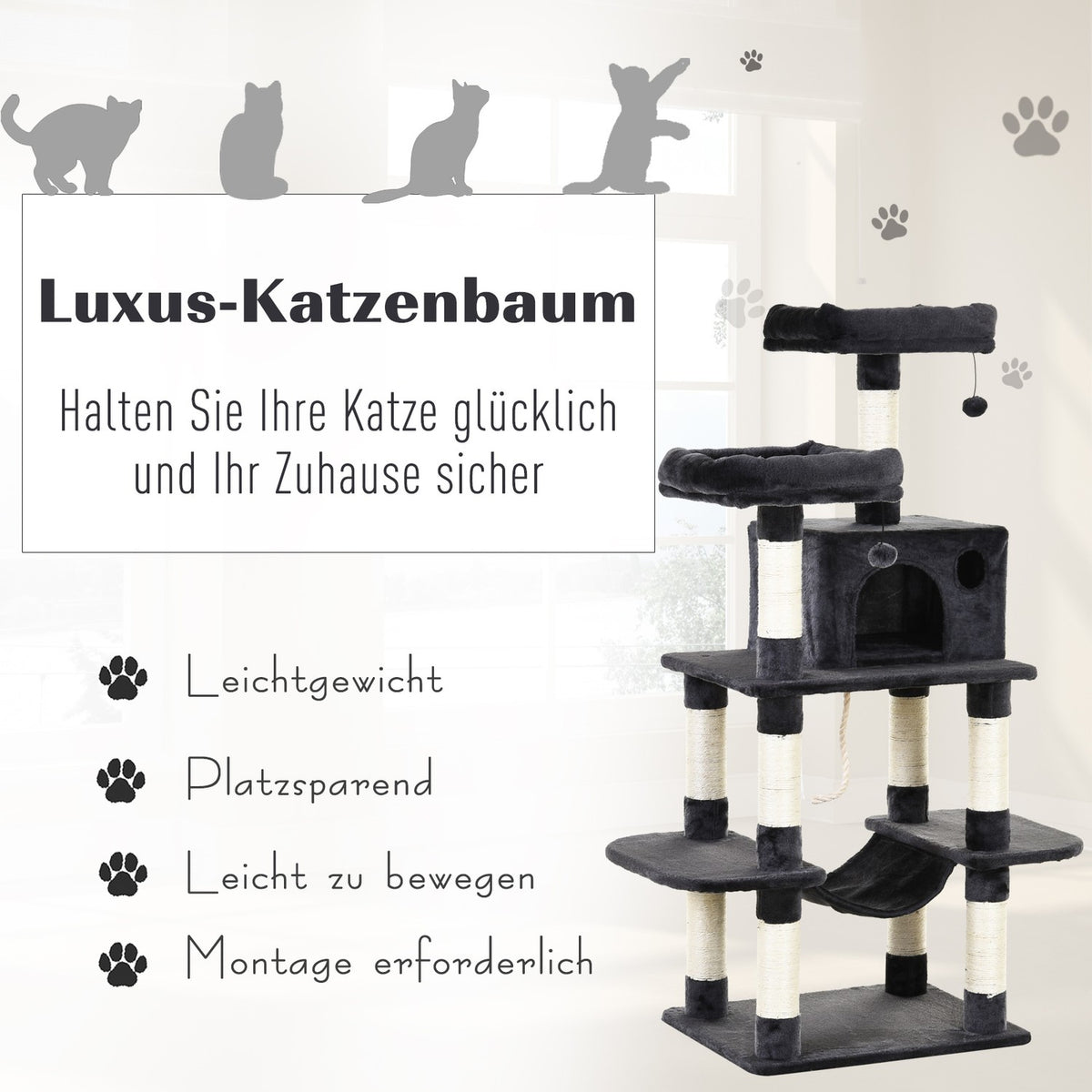 Luxury Cat Tree With Hammock, Climbing Tree, Cat House, Dark Gray, 60X48X144Cm