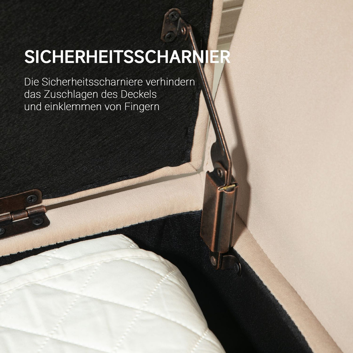 Luxury bench upholstered bench with storage space armrests chest bench velvety polyester rubber wood beige 107 x 42 x 65 cm
