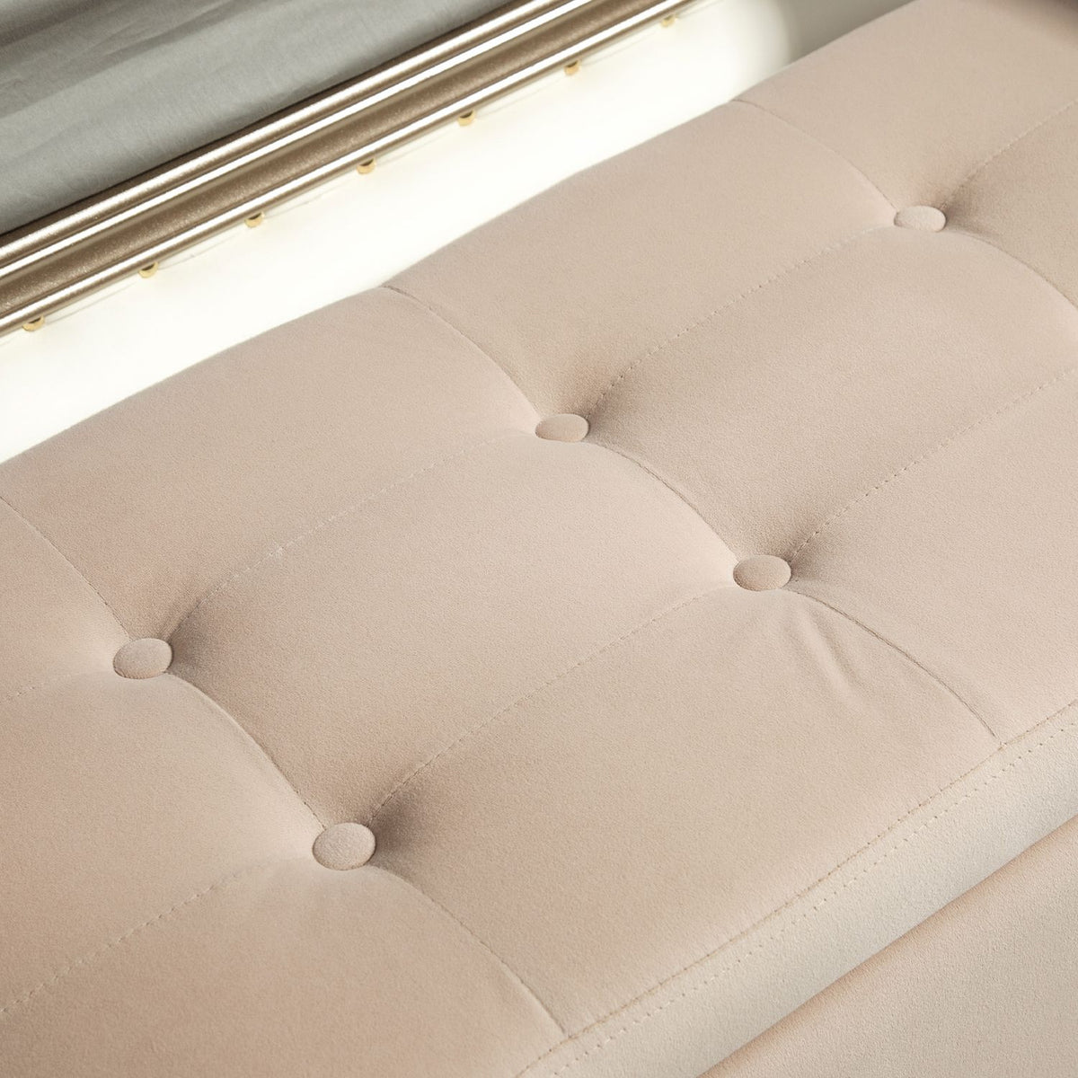 Luxury bench upholstered bench with storage space armrests chest bench velvety polyester rubber wood beige 107 x 42 x 65 cm