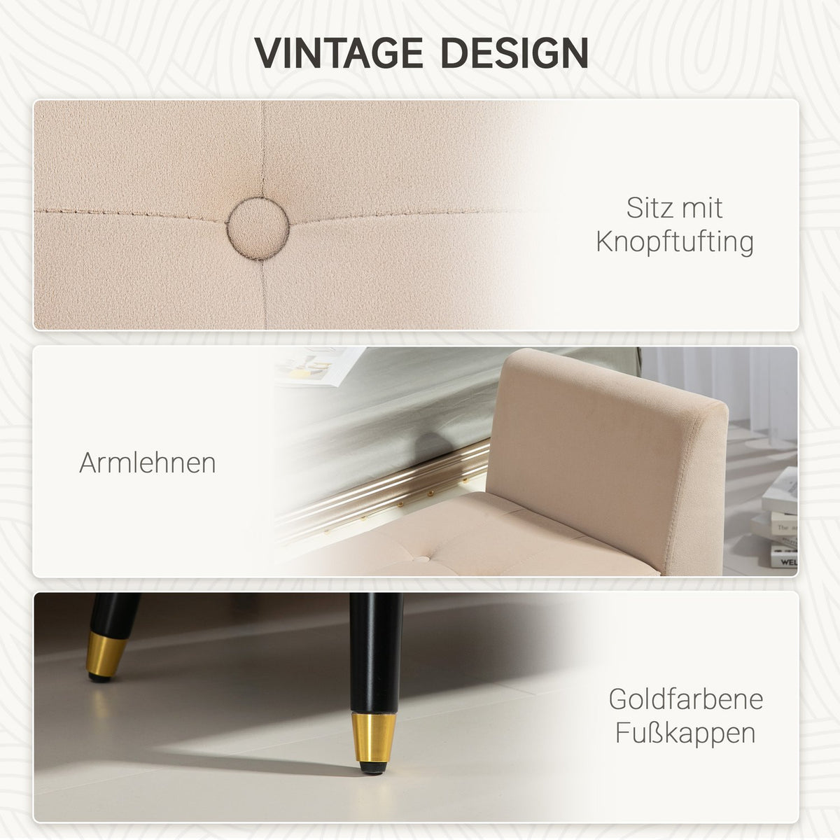 Luxury bench upholstered bench with storage space armrests chest bench velvety polyester rubber wood beige 107 x 42 x 65 cm