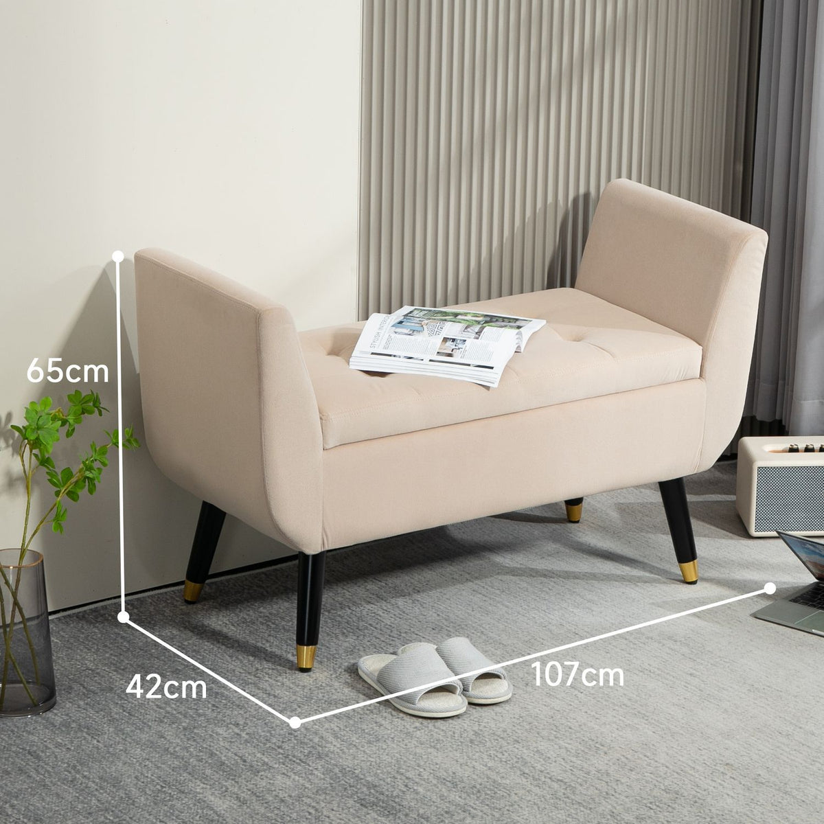 Luxury bench upholstered bench with storage space armrests chest bench velvety polyester rubber wood beige 107 x 42 x 65 cm