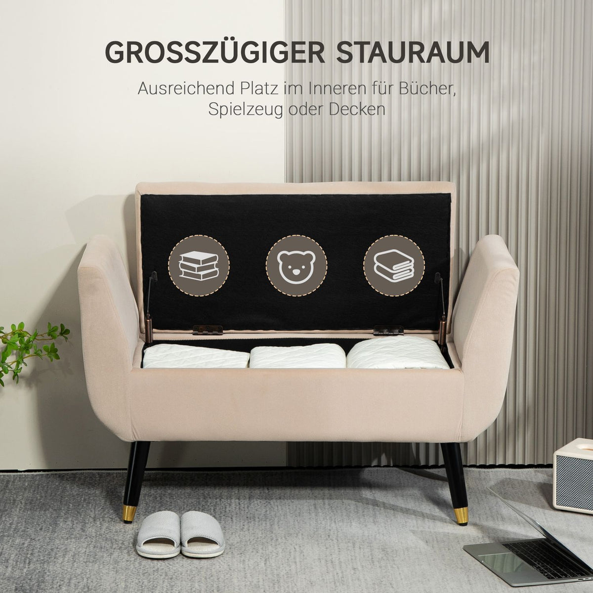 Luxury bench upholstered bench with storage space armrests chest bench velvety polyester rubber wood beige 107 x 42 x 65 cm