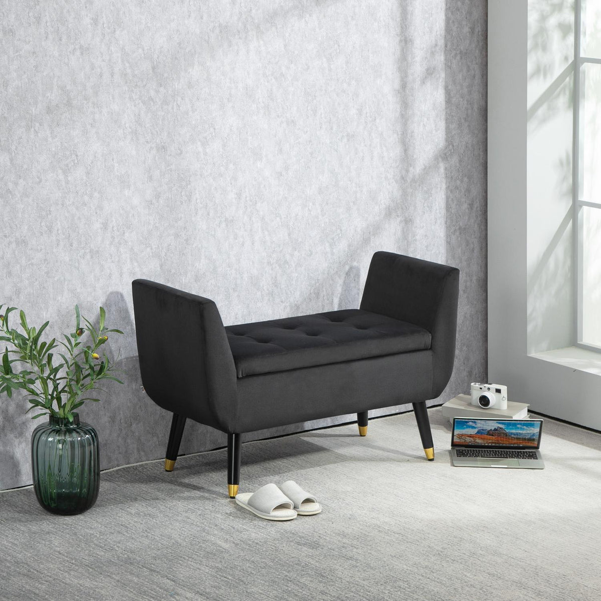 Luxury bench upholstered bench with storage space armrests chest bench velvety polyester rubber wood dark gray 107 x 42 x 65 cm