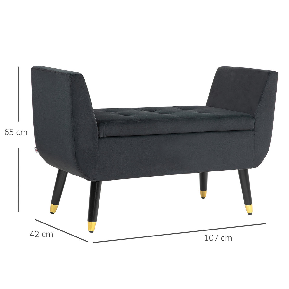 Luxury bench upholstered bench with storage space armrests chest bench velvety polyester rubber wood dark gray 107 x 42 x 65 cm