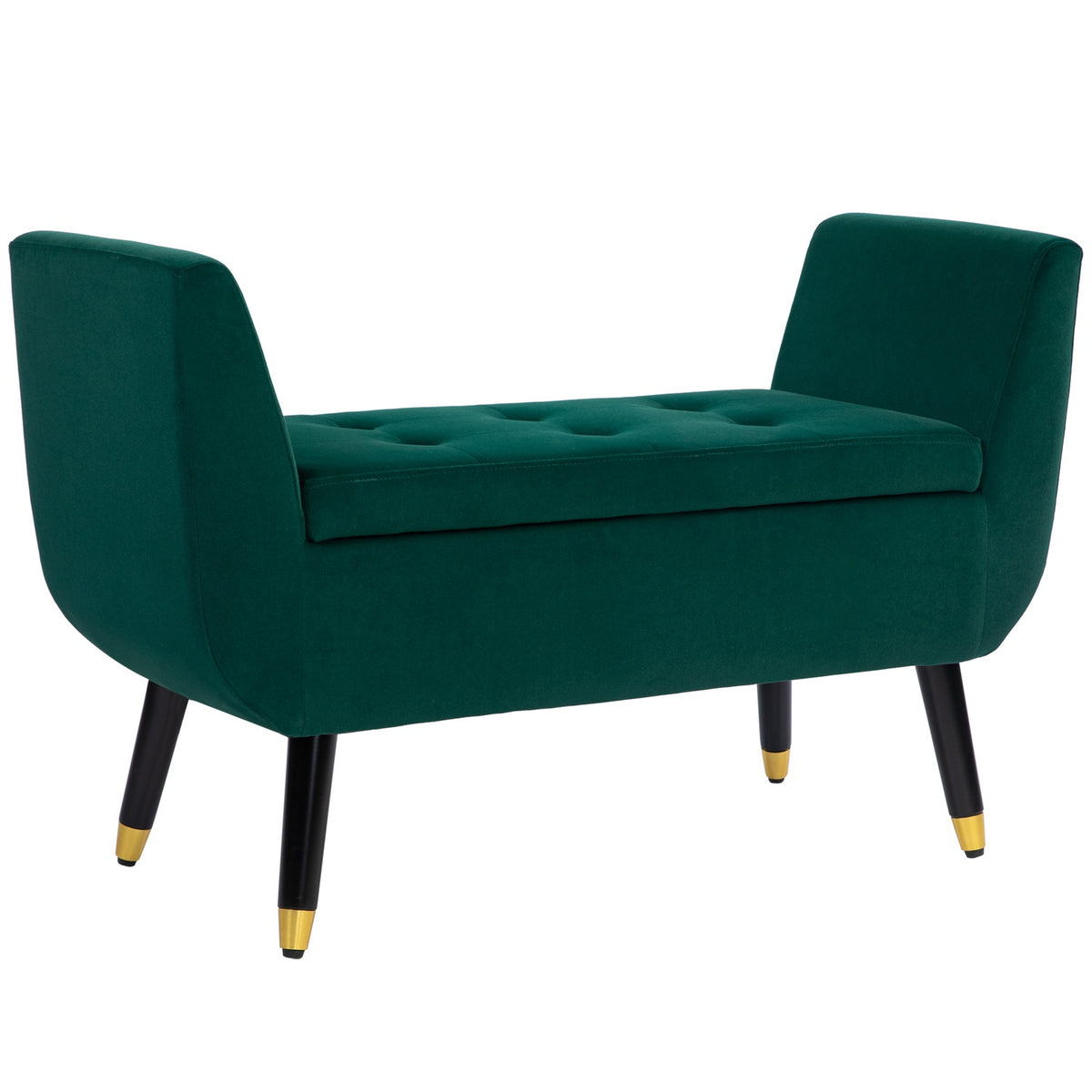 Luxury bench upholstered bench with storage space armrests chest bench velvety polyester rubber wood green 107 x 42 x 65 cm