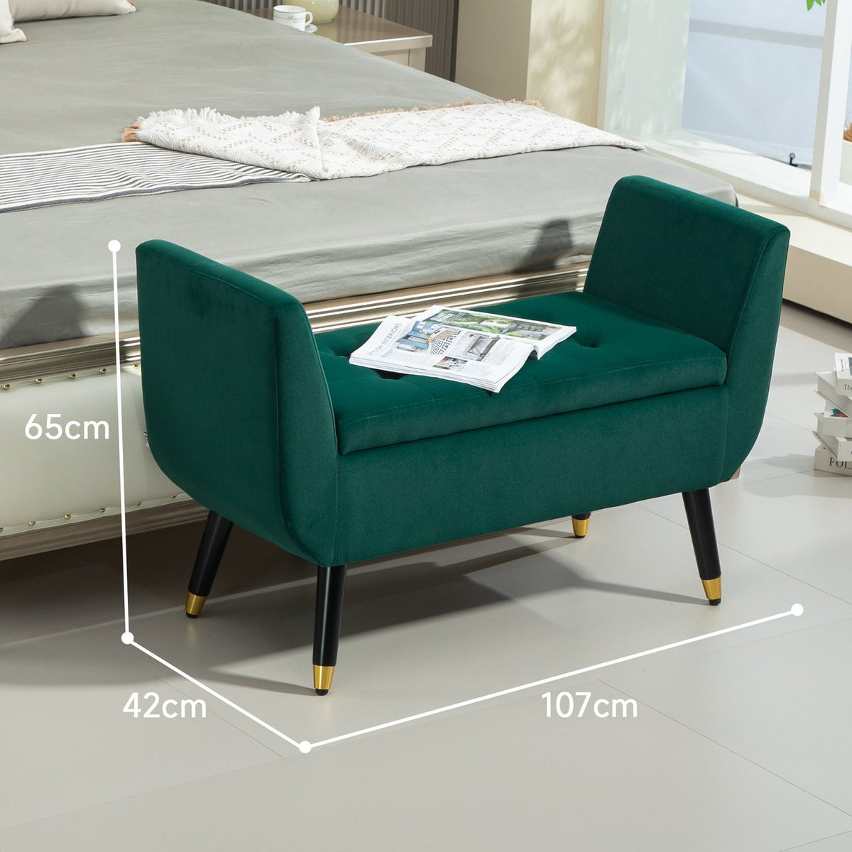 Luxury bench upholstered bench with storage space armrests chest bench velvety polyester rubber wood green 107 x 42 x 65 cm