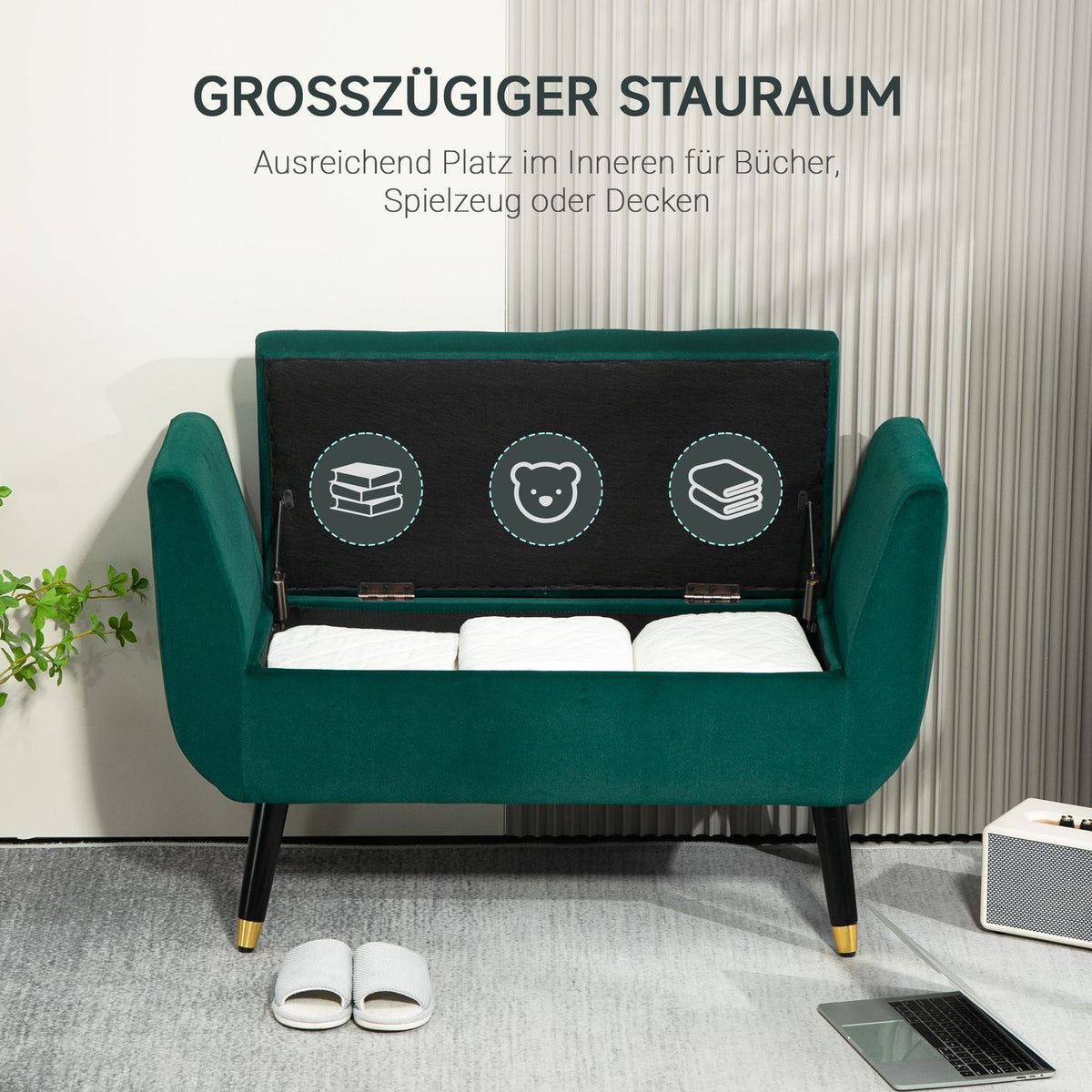 Luxury bench upholstered bench with storage space armrests chest bench velvety polyester rubber wood green 107 x 42 x 65 cm