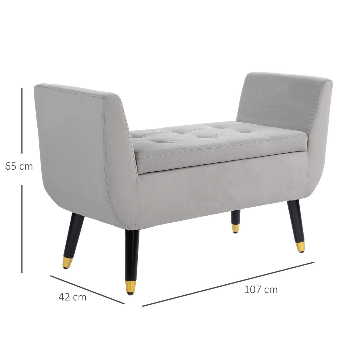 Luxury bench upholstered bench with storage space armrests chest bench velvety polyester rubber wood light gray 107 x 42 x 65 cm