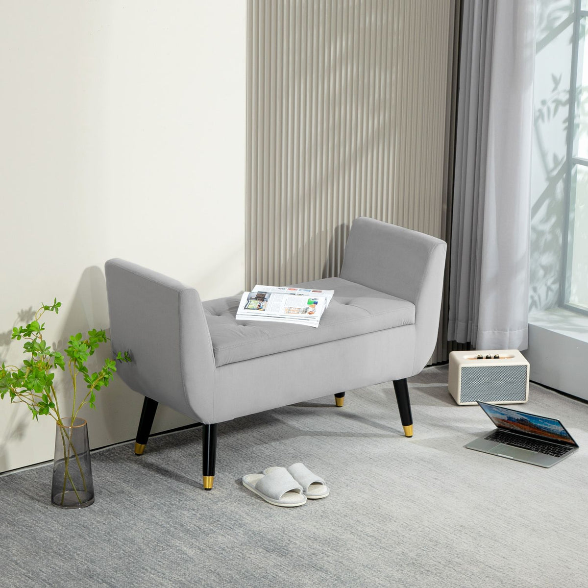 Luxury bench upholstered bench with storage space armrests chest bench velvety polyester rubber wood light gray 107 x 42 x 65 cm