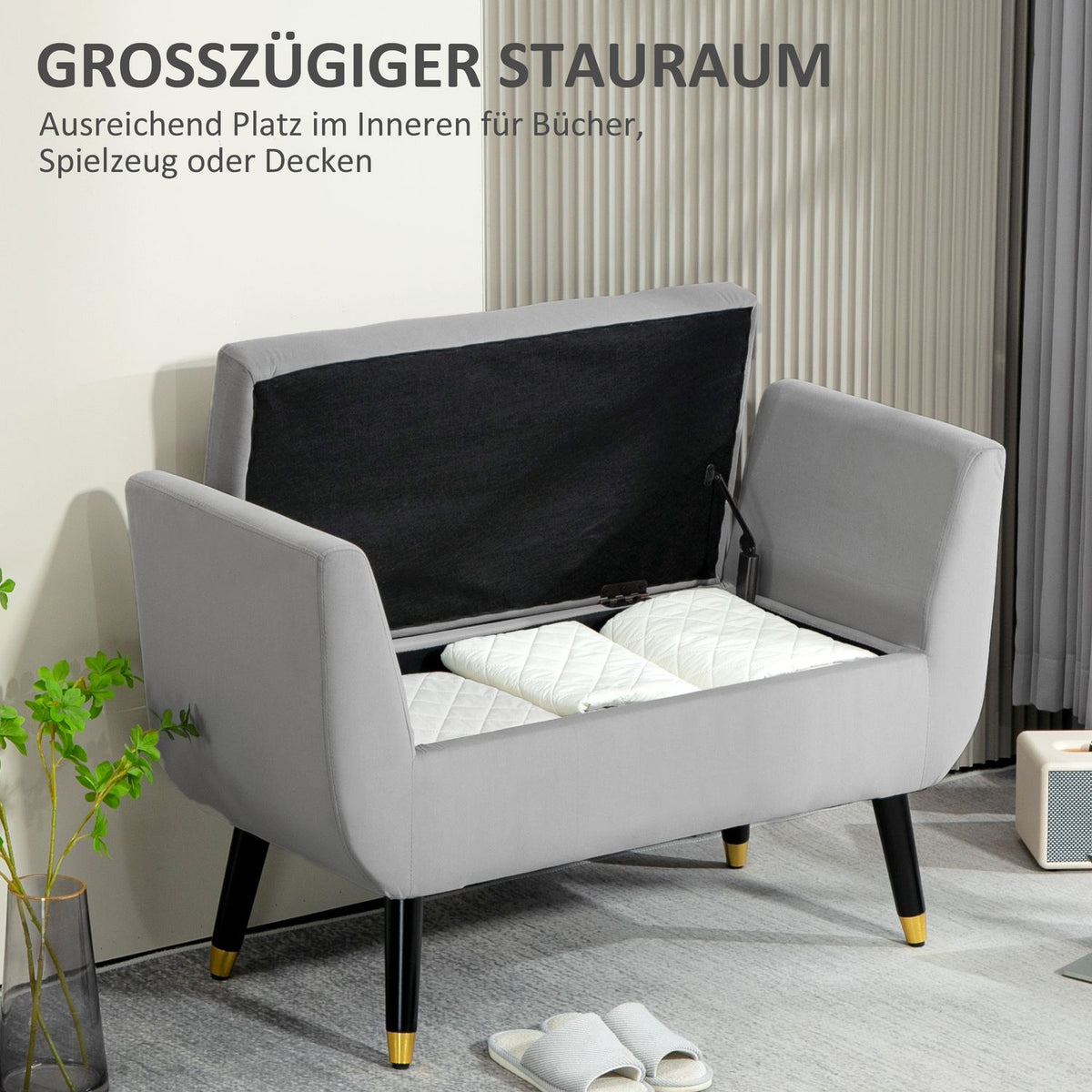 Luxury bench upholstered bench with storage space armrests chest bench velvety polyester rubber wood light gray 107 x 42 x 65 cm