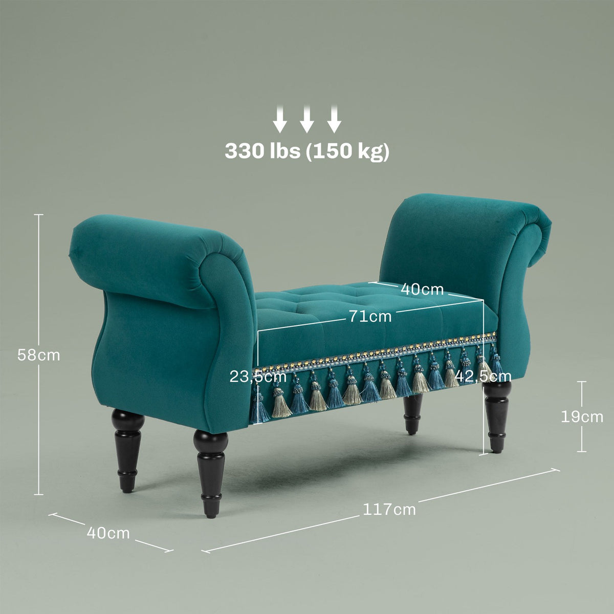 Luxury bench upholstered bench with velvet look, for living room; Bedroom, gray 117 x 40 x 58 cm