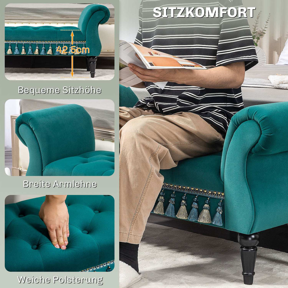 Luxury bench upholstered bench with velvet look, for living room; Bedroom, gray 117 x 40 x 58 cm