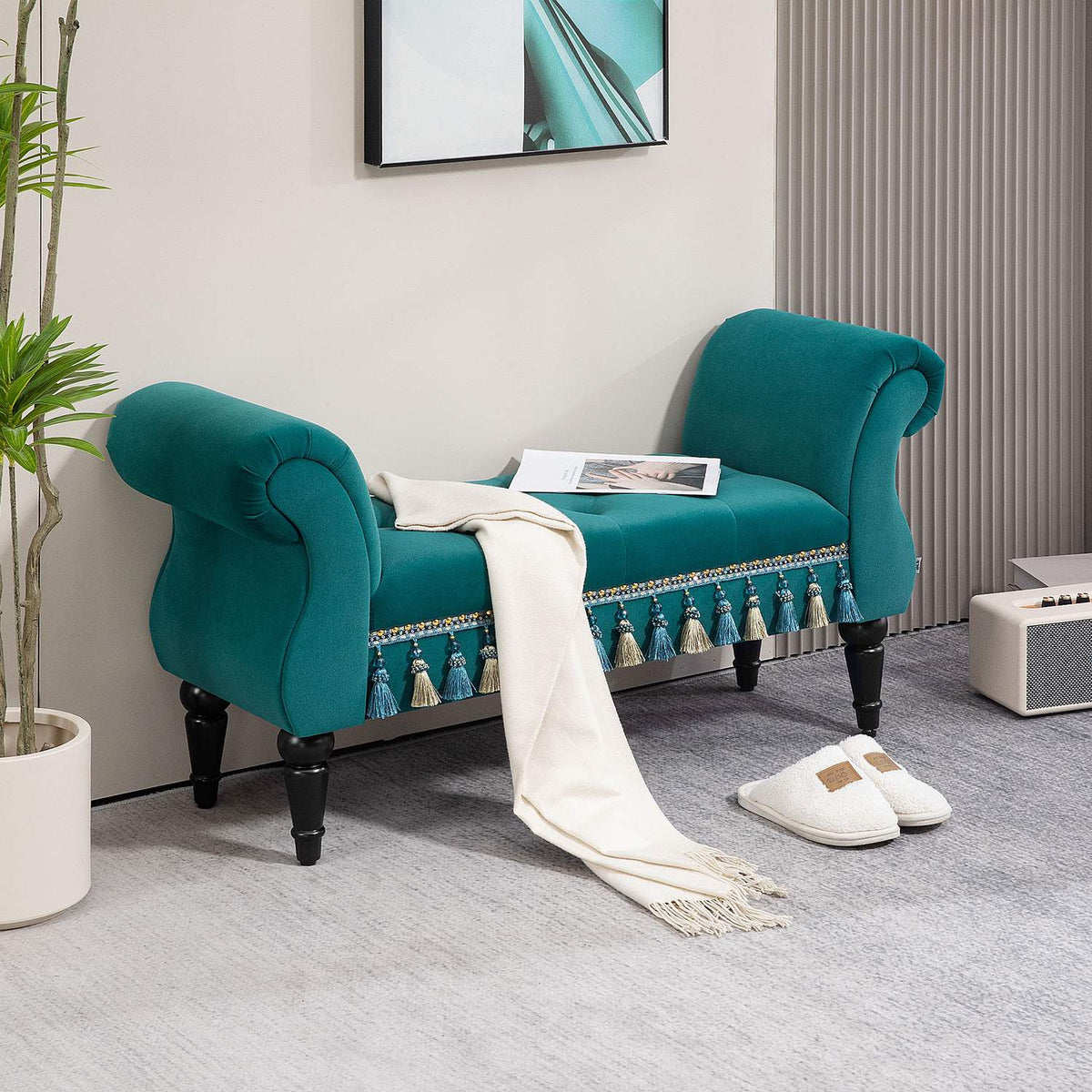 Luxury bench upholstered bench with velvet look, for living room; Bedroom, gray 117 x 40 x 58 cm
