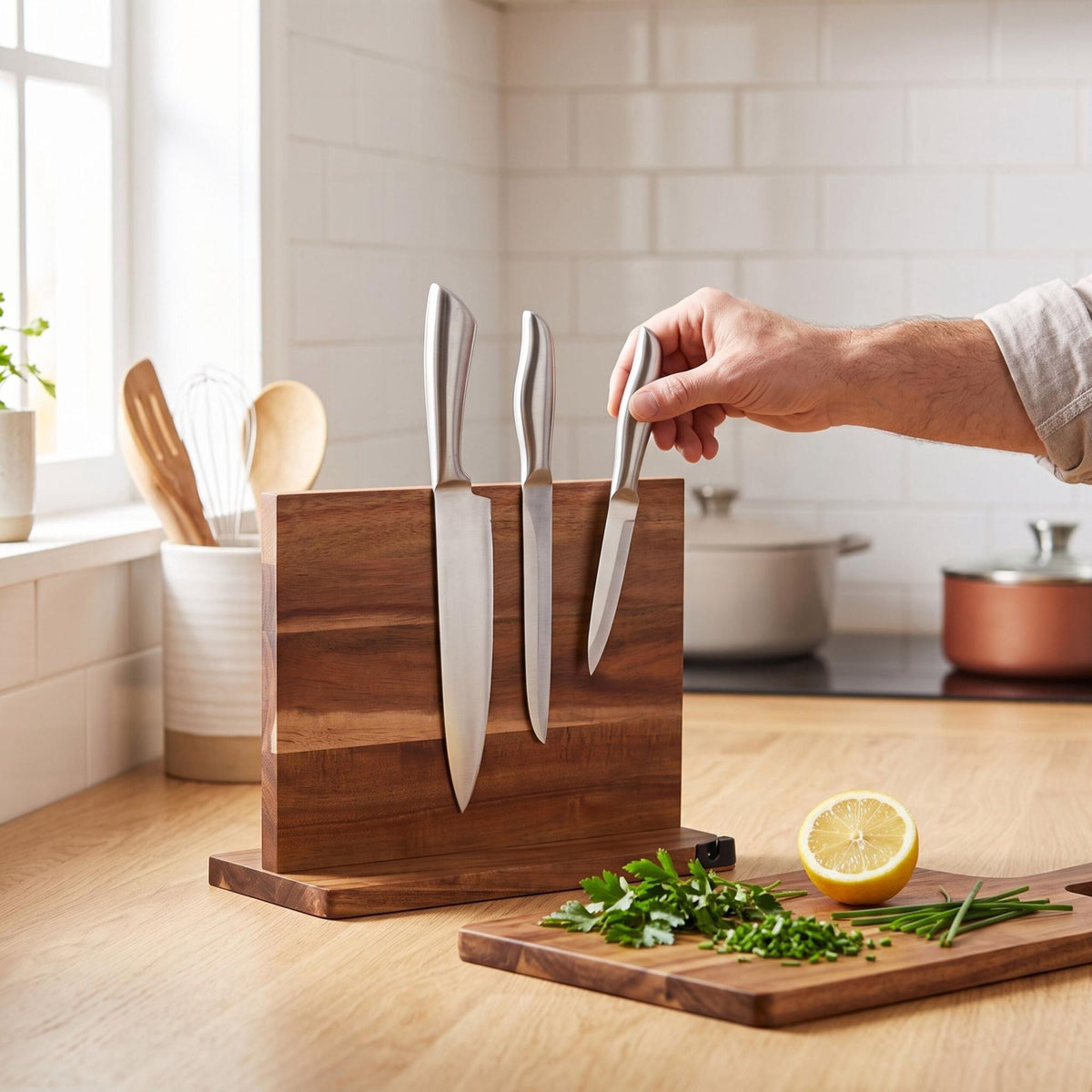 Magnetic Acacia Wood Knife Block, Double-Sided, Brown