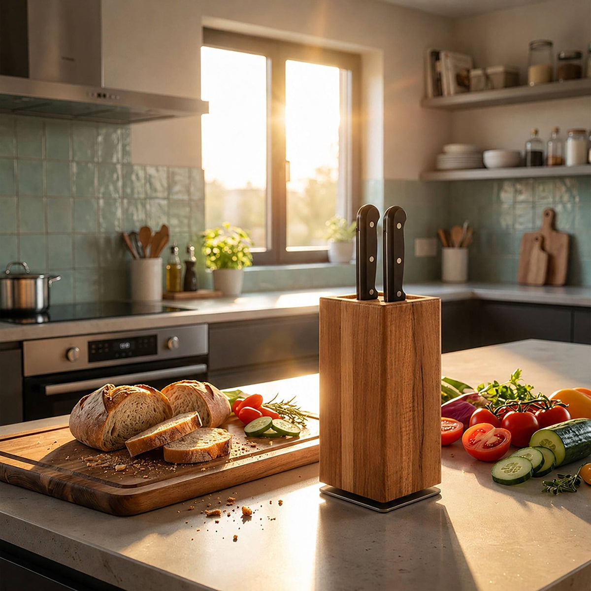 Magnetic Acacia Wood Knife Block with Bristle Insert