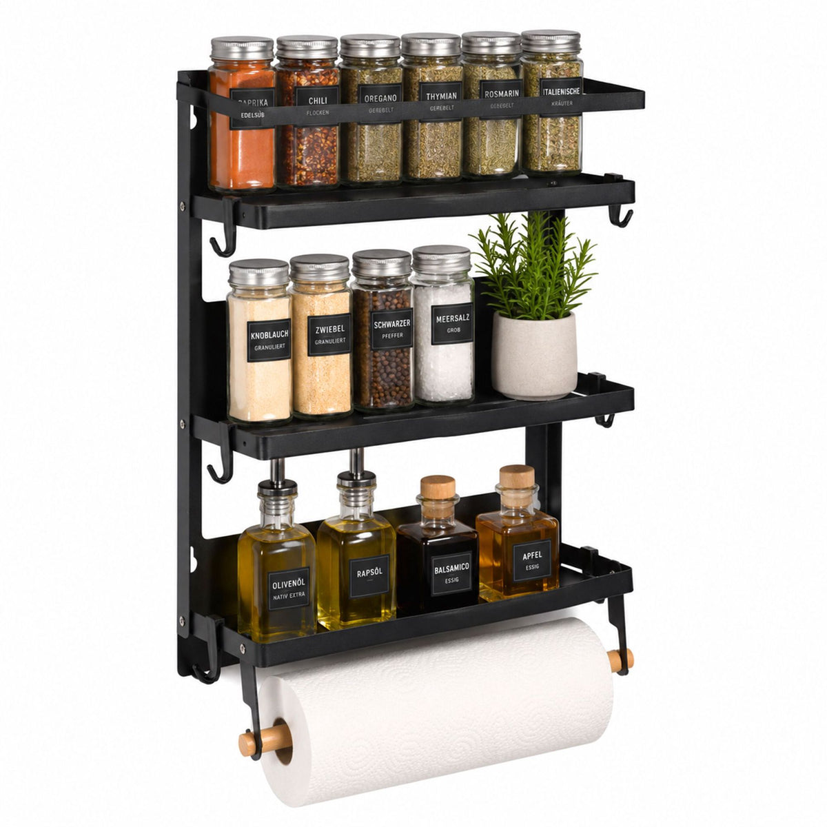 Magnetic Black Iron Spice Rack with Roll Holder and Hooks