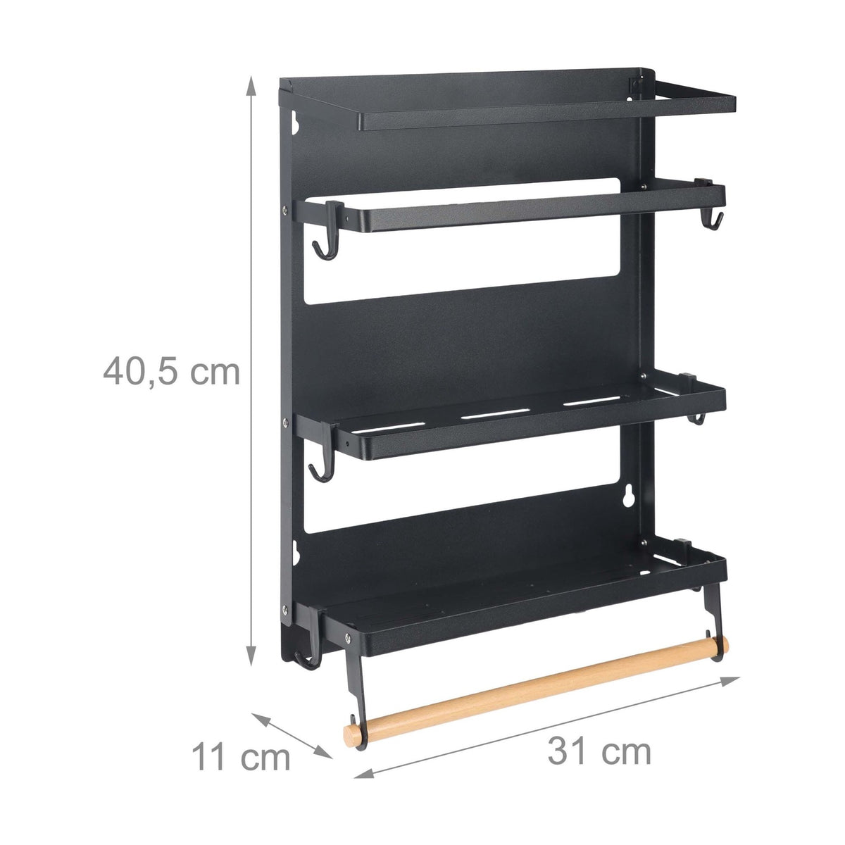 Magnetic Black Iron Spice Rack with Roll Holder and Hooks