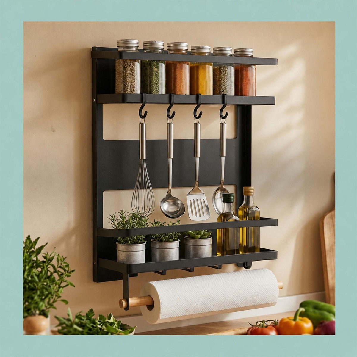 Magnetic Black Iron Spice Rack with Roll Holder and Hooks
