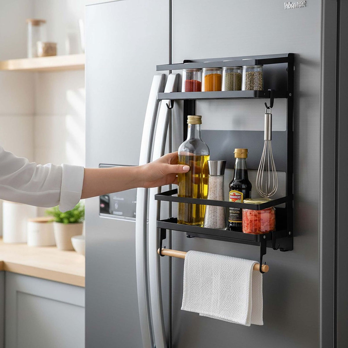 Magnetic Black Iron Spice Rack with Roll Holder and Hooks