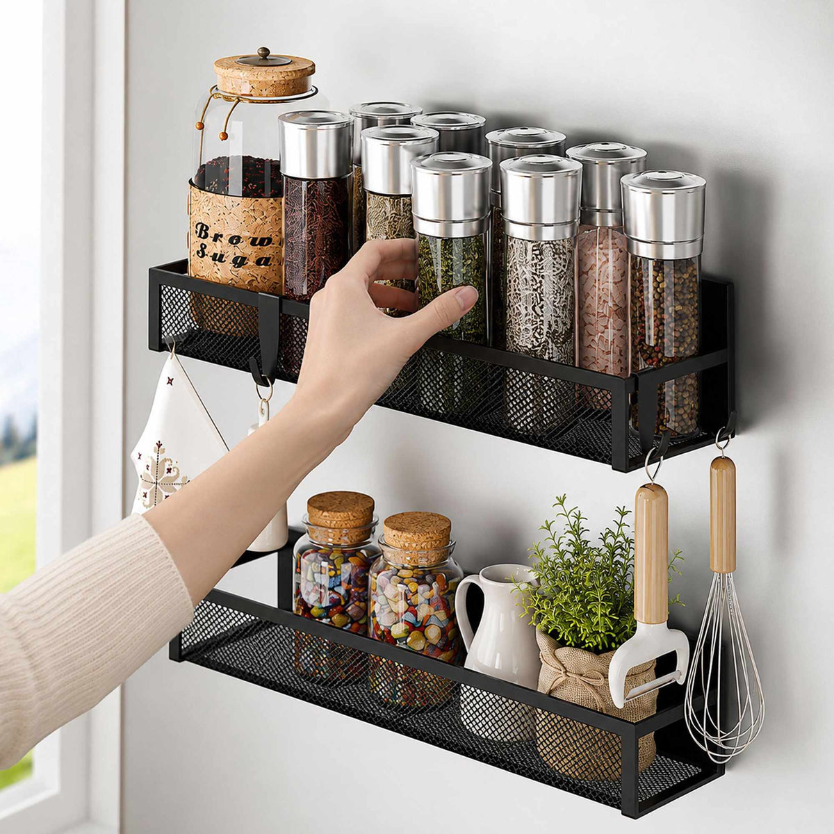 Magnetic Black Metal Spice Rack Set, 4 Shelves with Hooks