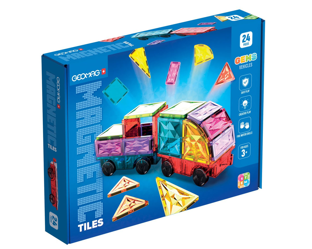 Magnetic Building Set, 24-Piece Tiles & Wheel Bases