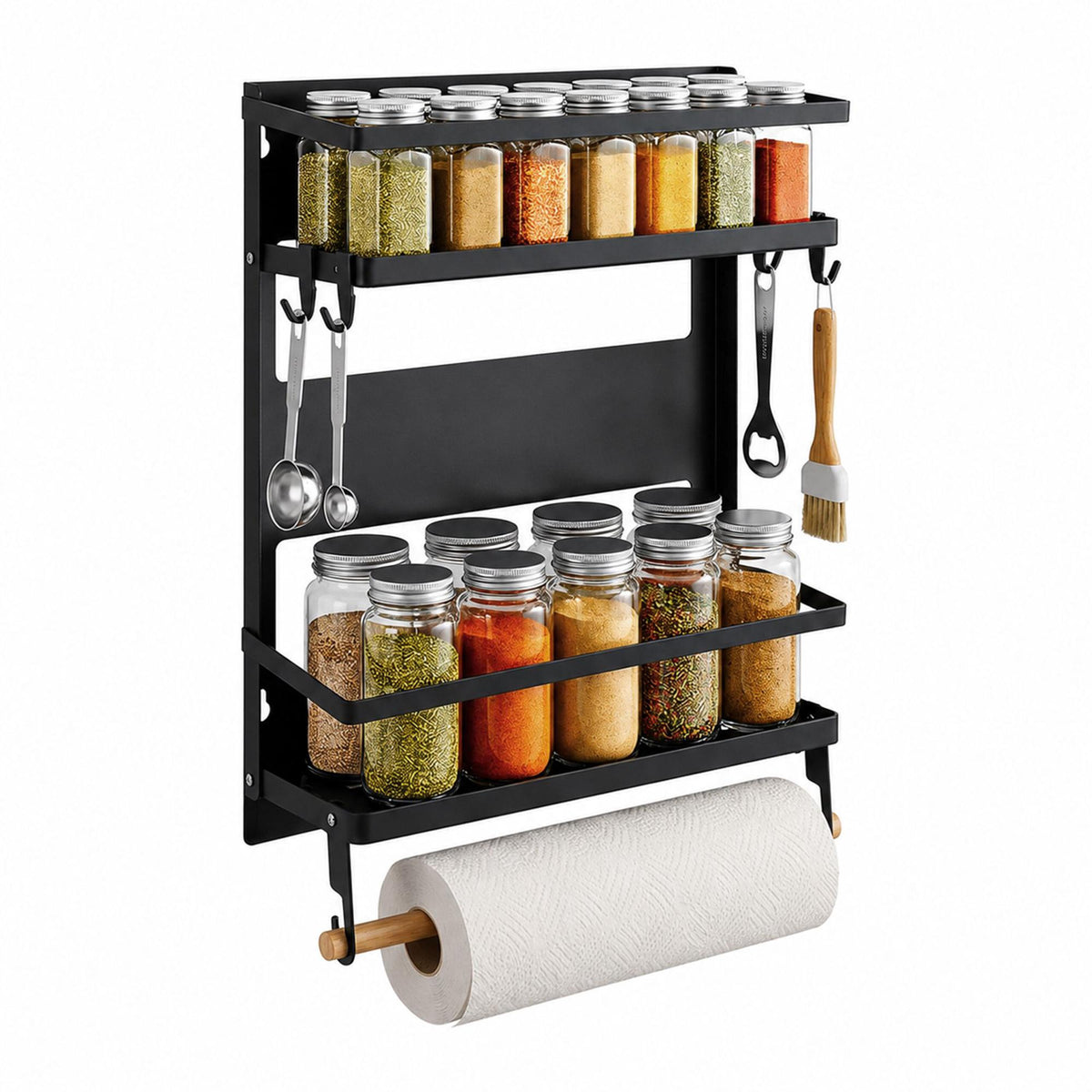 Magnetic Spice Rack with Roll Holder and Hooks – Black Iron