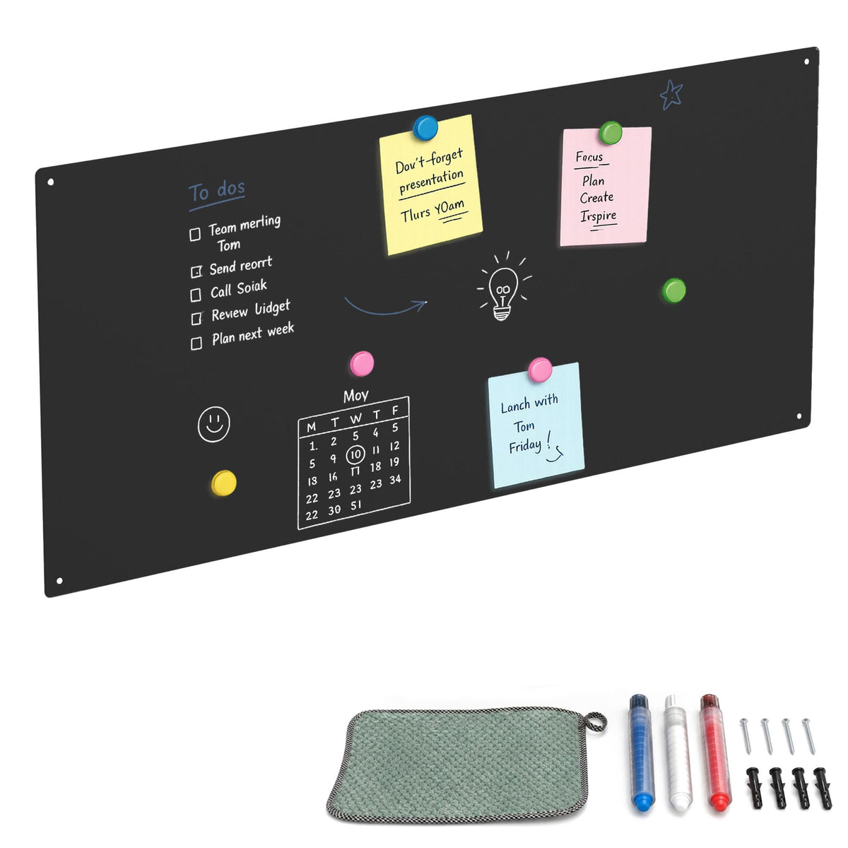 Magnetic Steel Wall Board, 70x30 cm, Black, Wipe-Clean