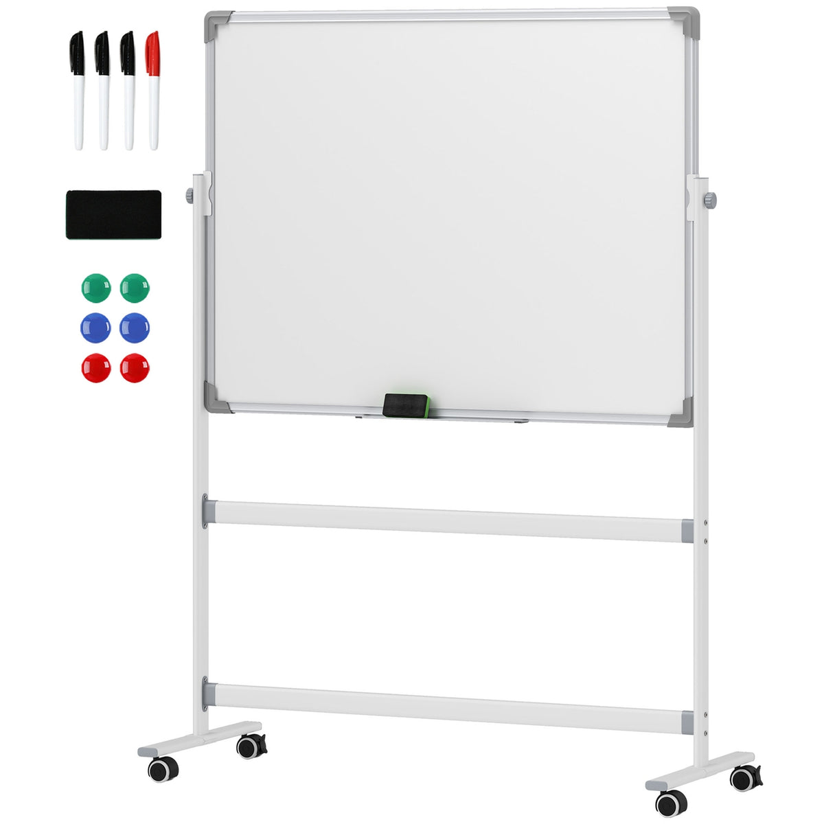 Magnetic Whiteboard 120 x 90 cm Double-Sided Magnetic Board with Stand, Wheels, 6 Markers & 1 Eraser Sponge, 360° Swivel, 3-Level Adjustable Magnetic Board for Office, Home