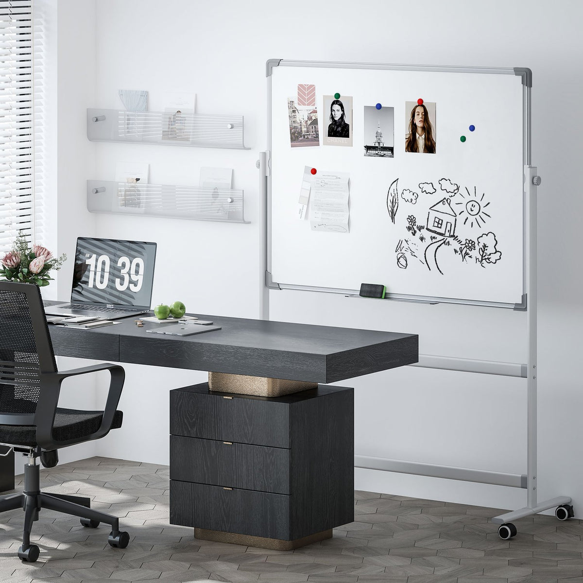 Magnetic Whiteboard 120 x 90 cm Double-Sided Magnetic Board with Stand, Wheels, 6 Markers & 1 Eraser Sponge, 360° Swivel, 3-Level Adjustable Magnetic Board for Office, Home