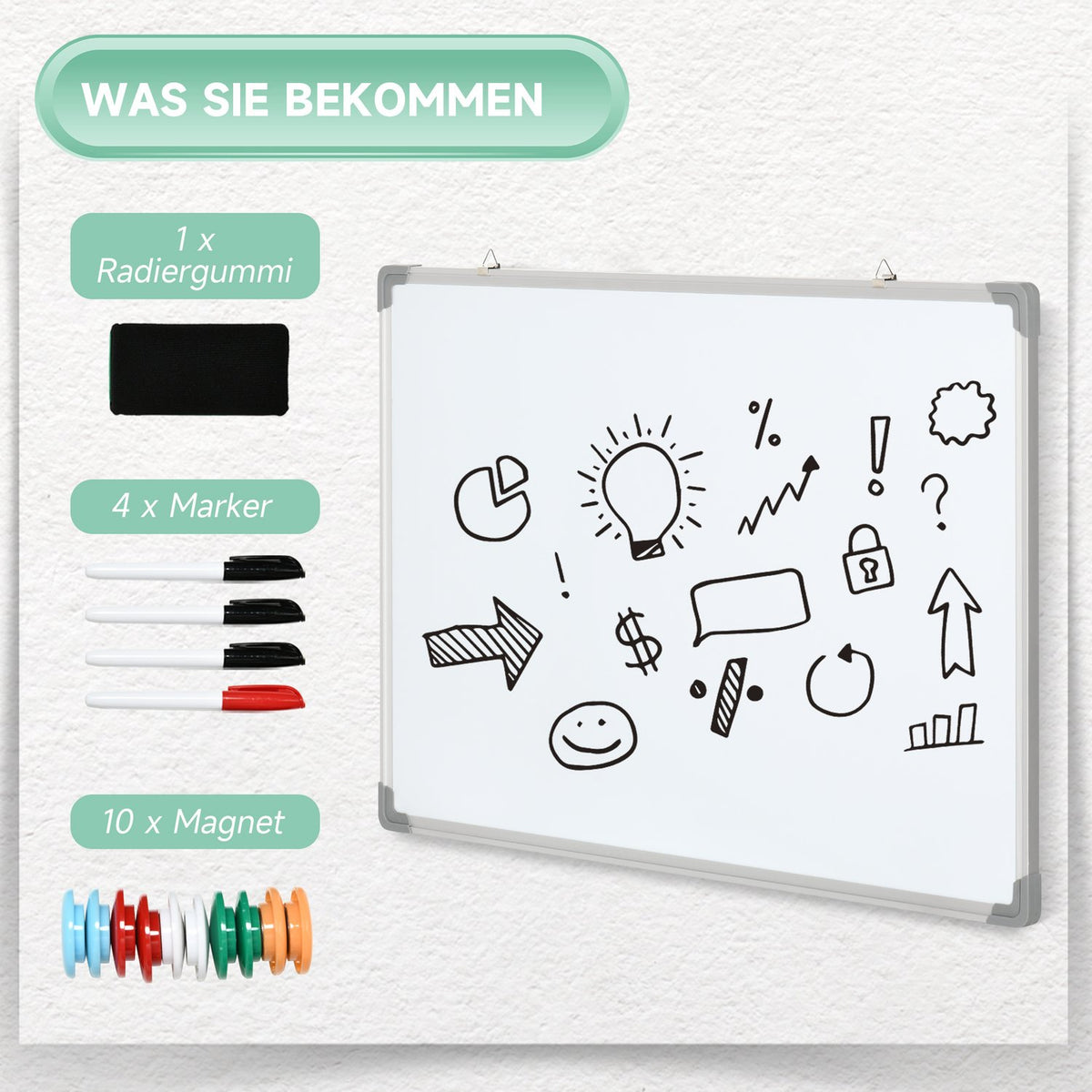 Magnetic Whiteboard With 4 Pens, 1 Sponge, 10 Magnets, Dry Wipe, White