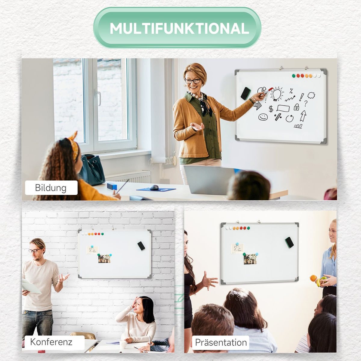 Magnetic Whiteboard With 4 Pens, 1 Sponge, 10 Magnets, Dry Wipe, White