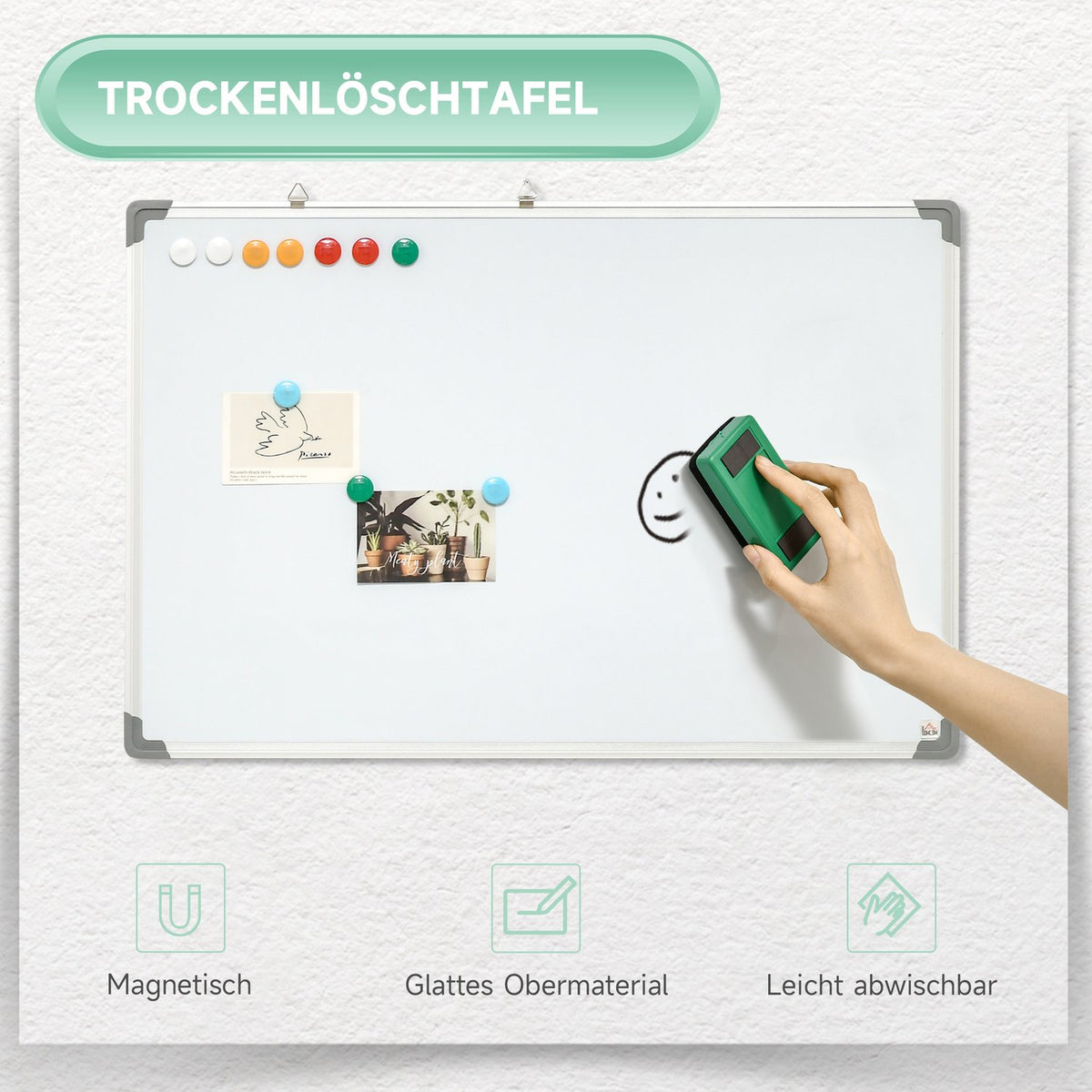 Magnetic Whiteboard With 4 Pens, 1 Sponge, 10 Magnets, Dry Wipe, White