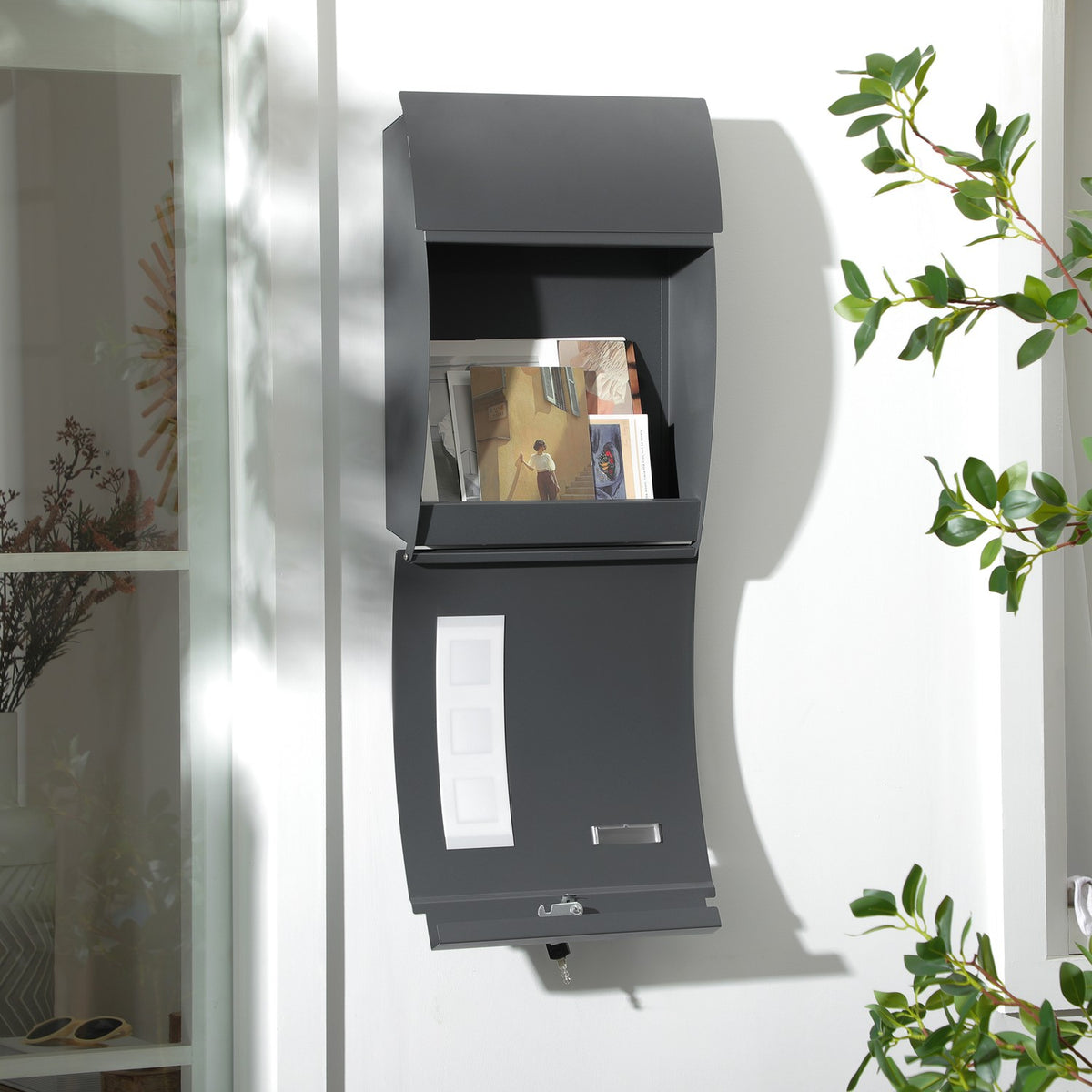 Mailbox Postbox with Lid, Lock, Wall Mailbox with Viewing Window Water Hole Made of Galvanized Steel, for Outdoor, 32 x 10 x 45 cm, Dark Gray |