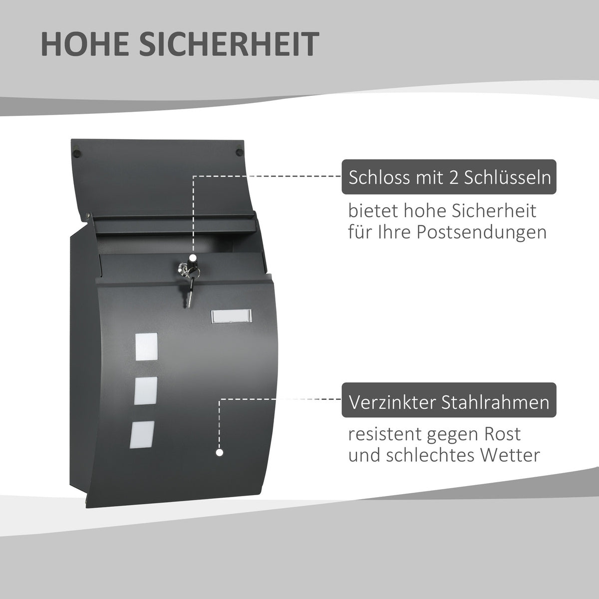 Mailbox Postbox with Lid, Lock, Wall Mailbox with Viewing Window Water Hole Made of Galvanized Steel, for Outdoor, 32 x 10 x 45 cm, Dark Gray |