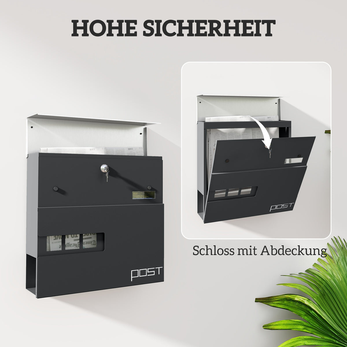 Mailbox wall mailbox made of steel with viewing window, lock, copper core, mailbox for outdoor, 37 x 10.5 x 37 cm, dark gray |