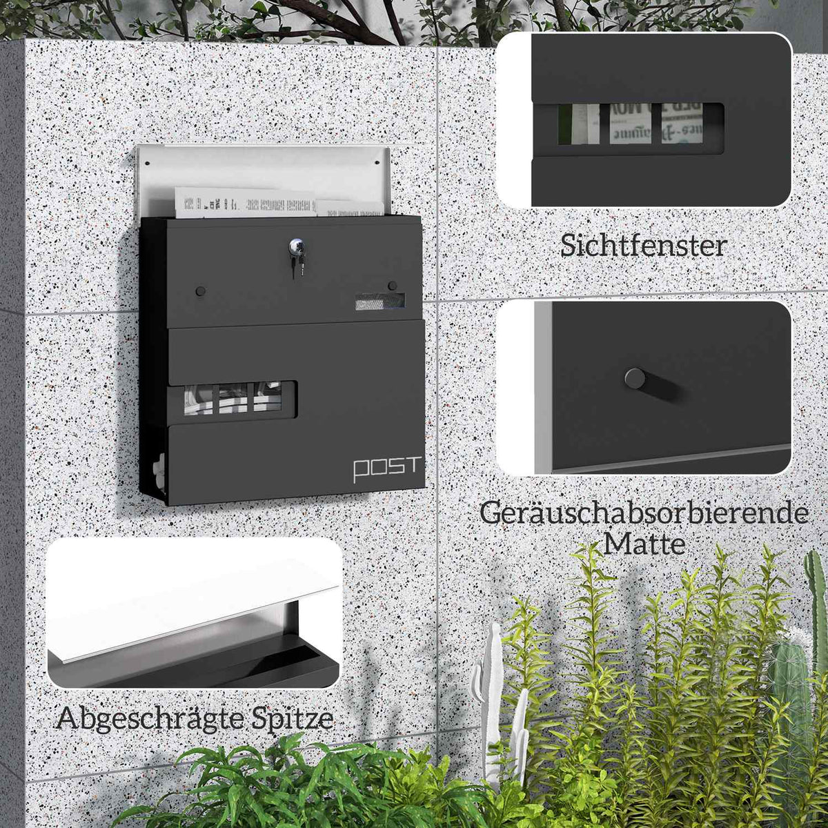 Mailbox wall mailbox made of steel with viewing window, lock, copper core, mailbox for outdoor, 37 x 10.5 x 37 cm, dark gray |