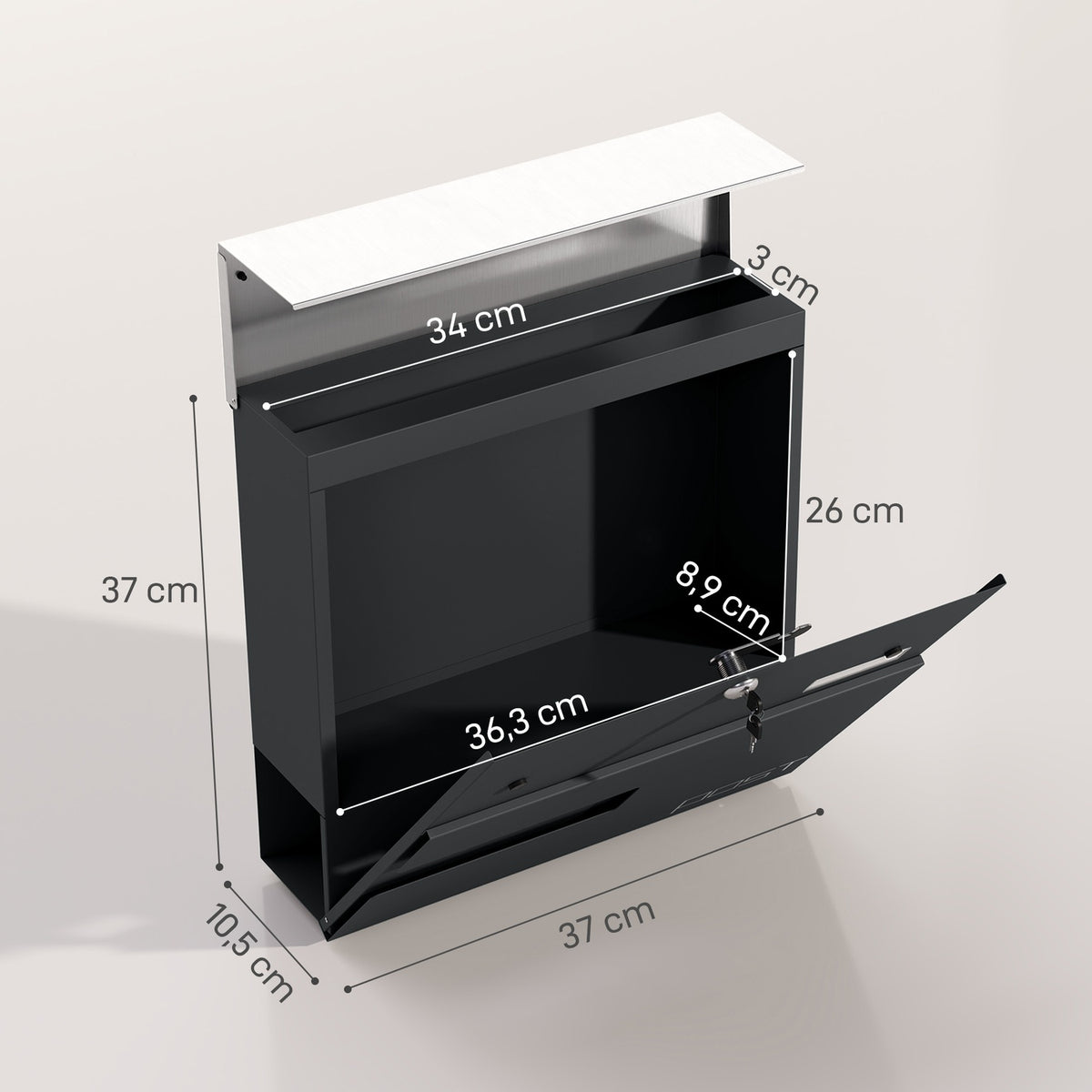 Mailbox wall mailbox made of steel with viewing window, lock, copper core, mailbox for outdoor, 37 x 10.5 x 37 cm, dark gray |