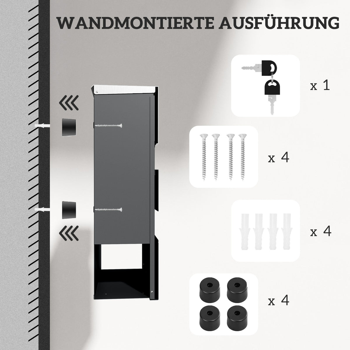 Mailbox wall mailbox made of steel with viewing window, lock, copper core, mailbox for outdoor, 37 x 10.5 x 37 cm, dark gray |