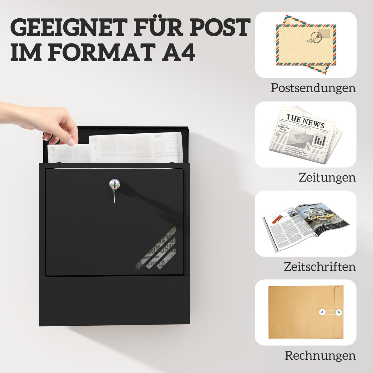 Mailbox wall mailbox with lock, lid, copper core, metal mailbox, for outdoor use, dark gray, 30 x 8.5 x 32.5 cm |