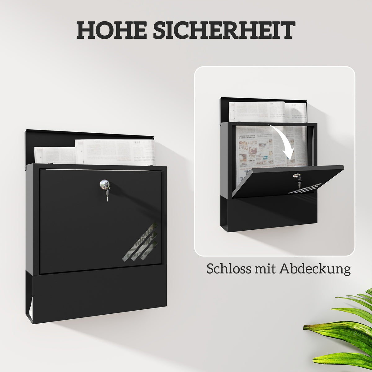 Mailbox wall mailbox with lock, lid, copper core, metal mailbox, for outdoor use, dark gray, 30 x 8.5 x 32.5 cm |