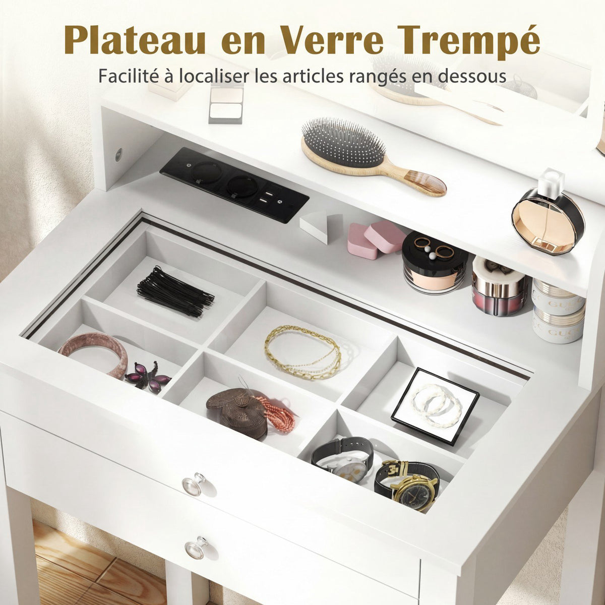 Makeup Vanity Table, LED Mirror, Outlets, Stool, Drawers