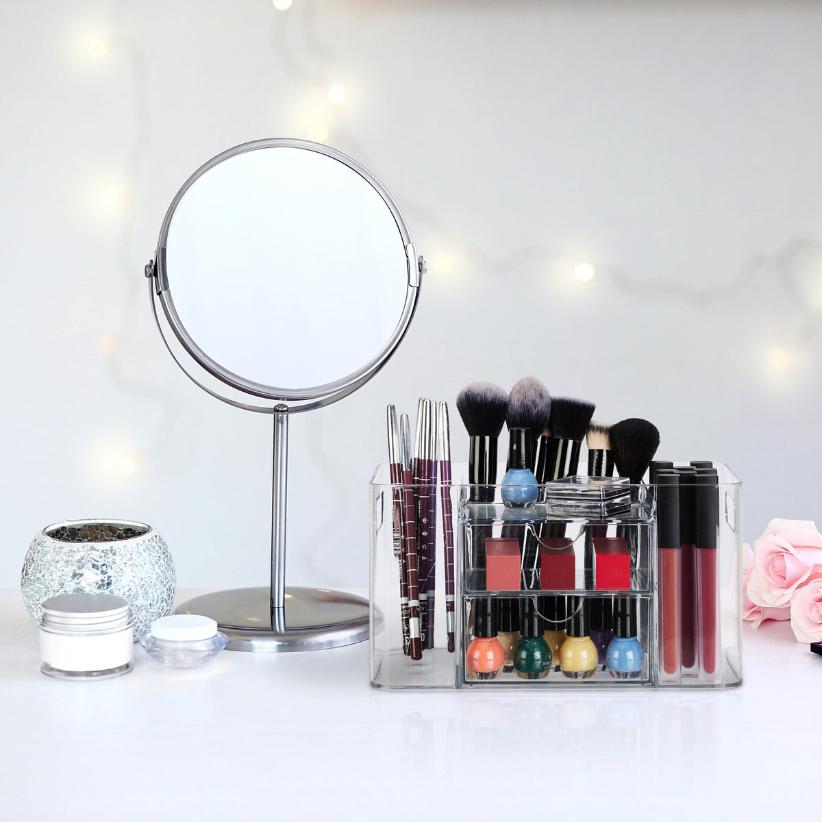 Makeup and Brush Organizer with Drawers, Clear