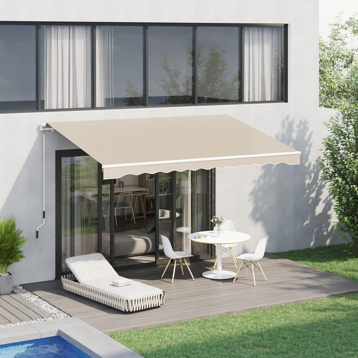 Manual Folding Arm Awning 4 M With Hand Crank Balcony Awning Sun Protection Wall Mounting Balcony Aluminum White + Beige 395 X 245 Cm