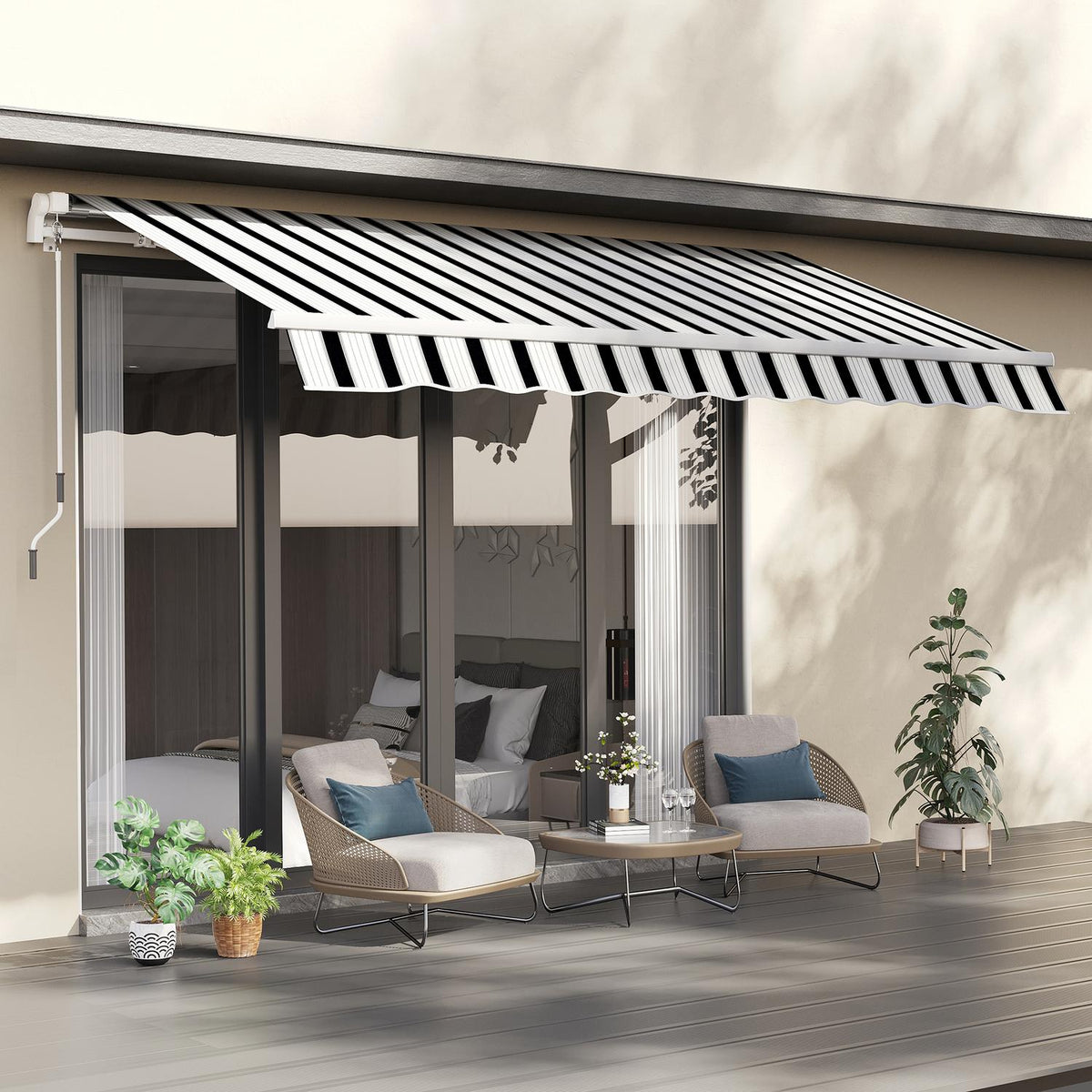 Manual Folding Arm Awning 4 M With Hand Crank Balcony Awning Sun Protection Wall Mounting Balcony Aluminum White + Blue 395 X 245 Cm