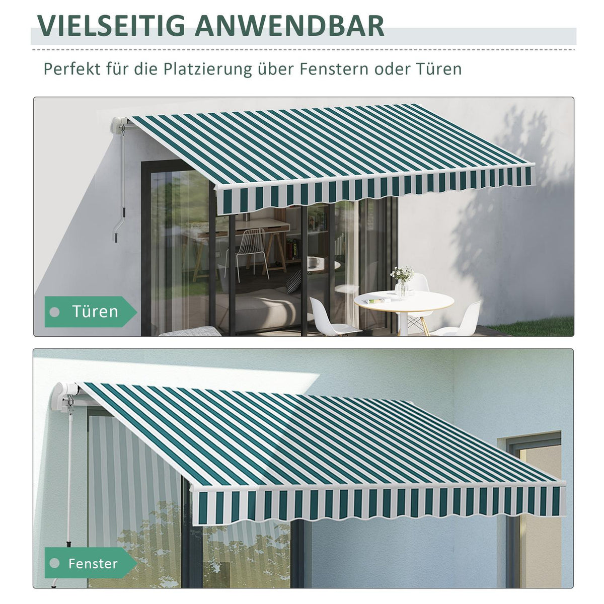 Manual Folding Arm Awning 4 M With Hand Crank Balcony Awning Sun Protection Wall Mounting Balcony Aluminum White + Green 395 X 245 Cm