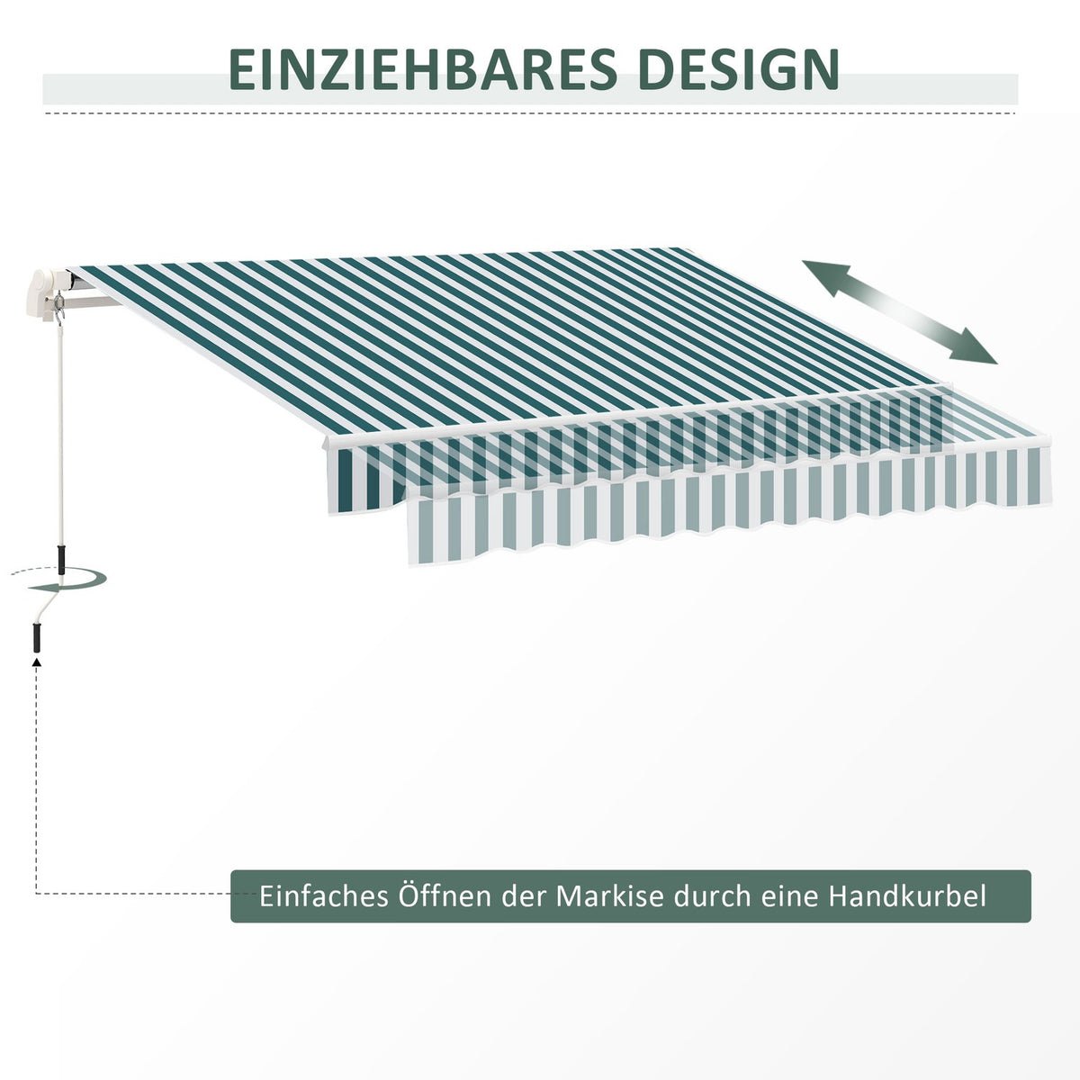 Manual Folding Arm Awning 4 M With Hand Crank Balcony Awning Sun Protection Wall Mounting Balcony Aluminum White + Green 395 X 245 Cm