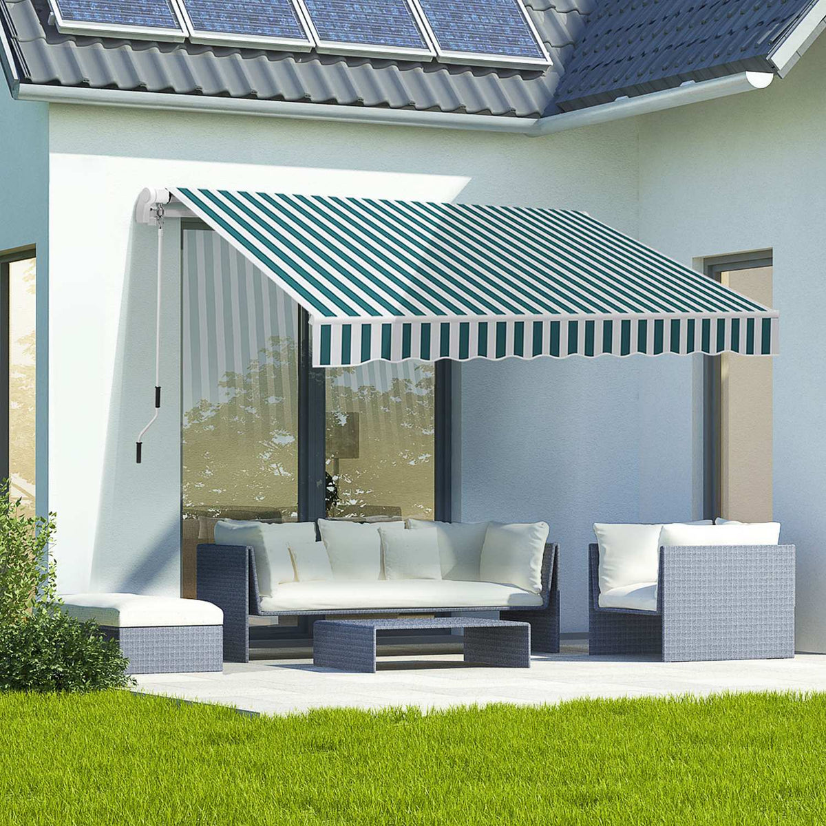 Manual Folding Arm Awning 4 M With Hand Crank Balcony Awning Sun Protection Wall Mounting Balcony Aluminum White + Green 395 X 245 Cm