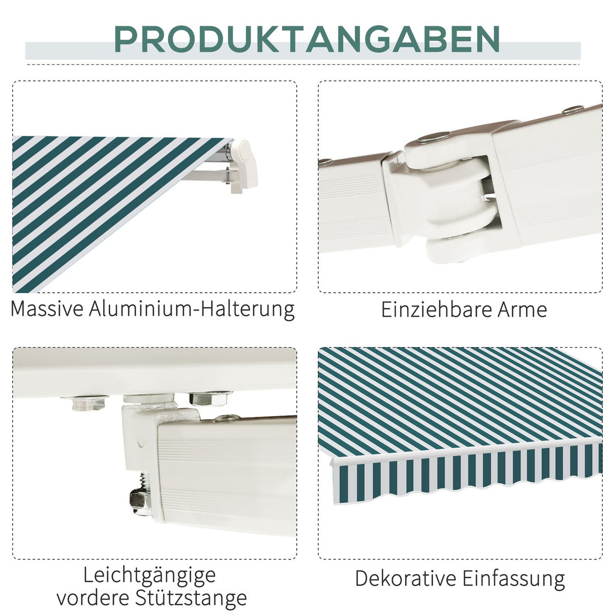 Manual Folding Arm Awning 4 M With Hand Crank Balcony Awning Sun Protection Wall Mounting Balcony Aluminum White + Green 395 X 245 Cm